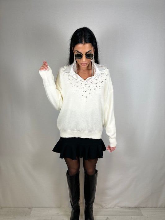 Maglione bianco minimal strass