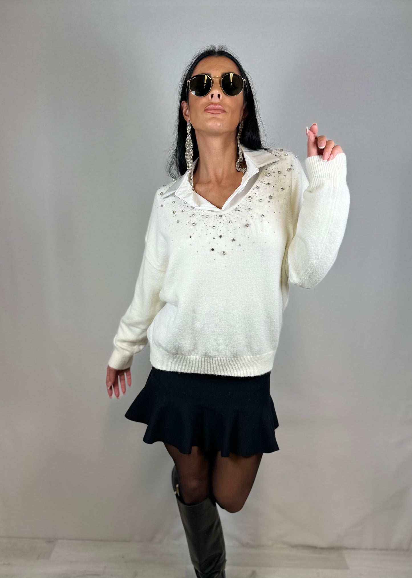 Maglione bianco minimal strass